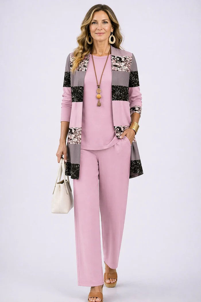 Longline Cardigan Set with Inner Top and Printed Trousers