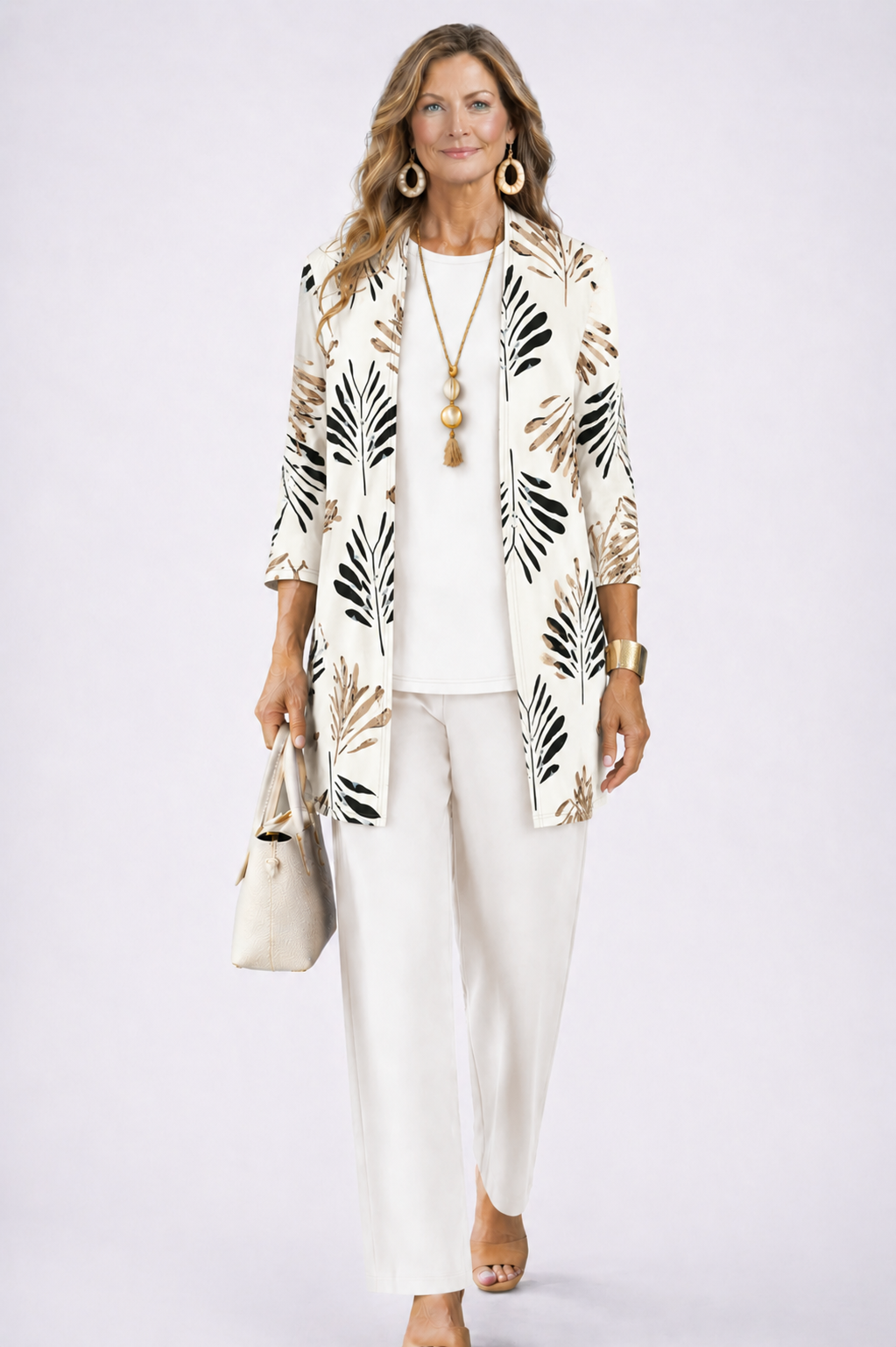 Longline Cardigan Set with Inner Top and Printed Trousers