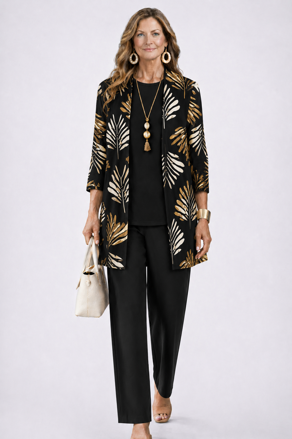 Longline Cardigan Set with Inner Top and Printed Trousers