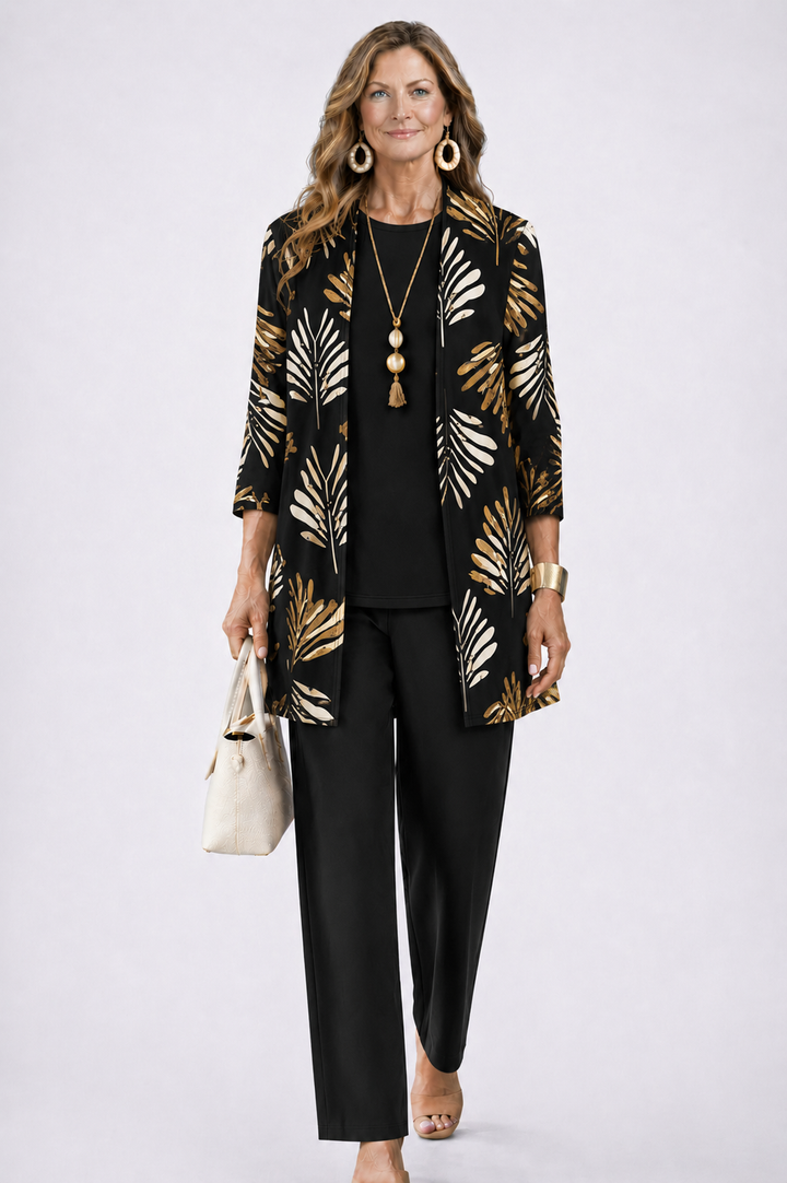 Longline Cardigan Set with Inner Top and Printed Trousers