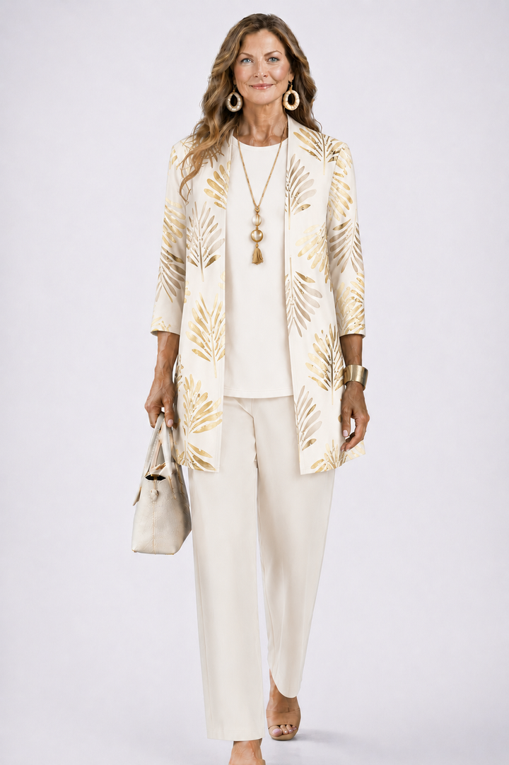 Longline Cardigan Set with Inner Top and Printed Trousers