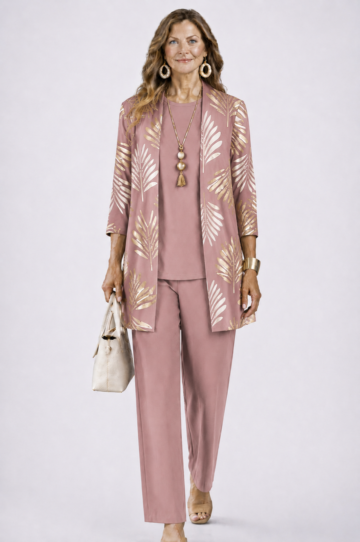 Three-Piece Co-ord Set with Longline Cardigan and Printed Trousers