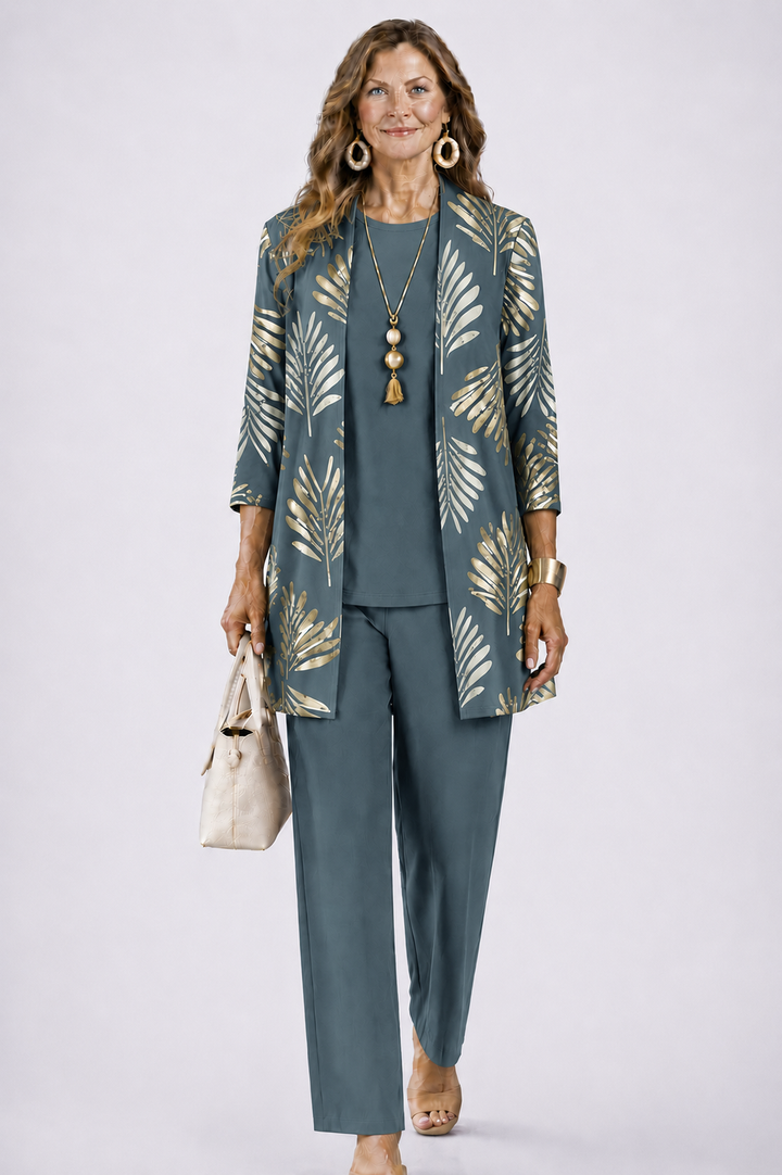 Longline Cardigan Set with Inner Top and Printed Trousers