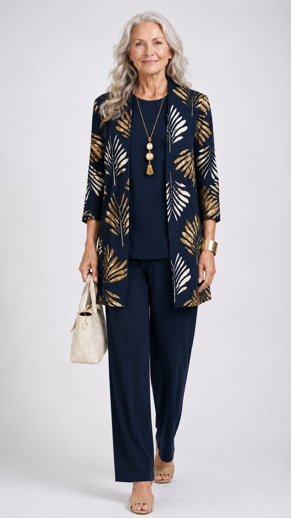 Three-Piece Co-ord Set with Longline Cardigan and Printed Trousers