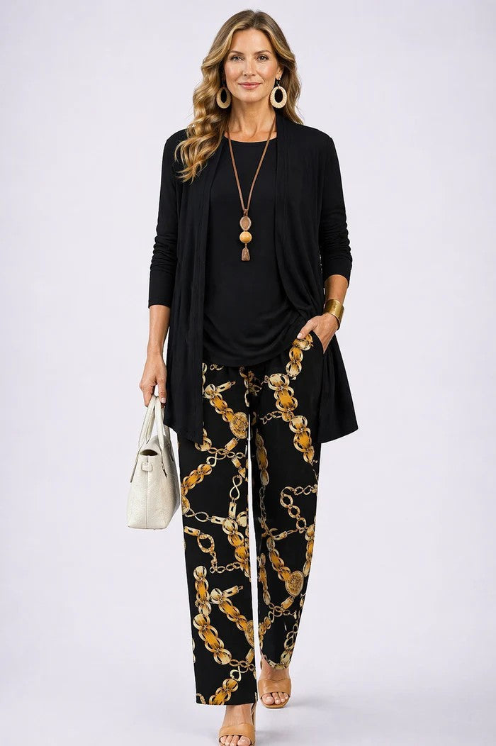 Three-Piece Co-ord Set with Longline Cardigan and Printed Trousers