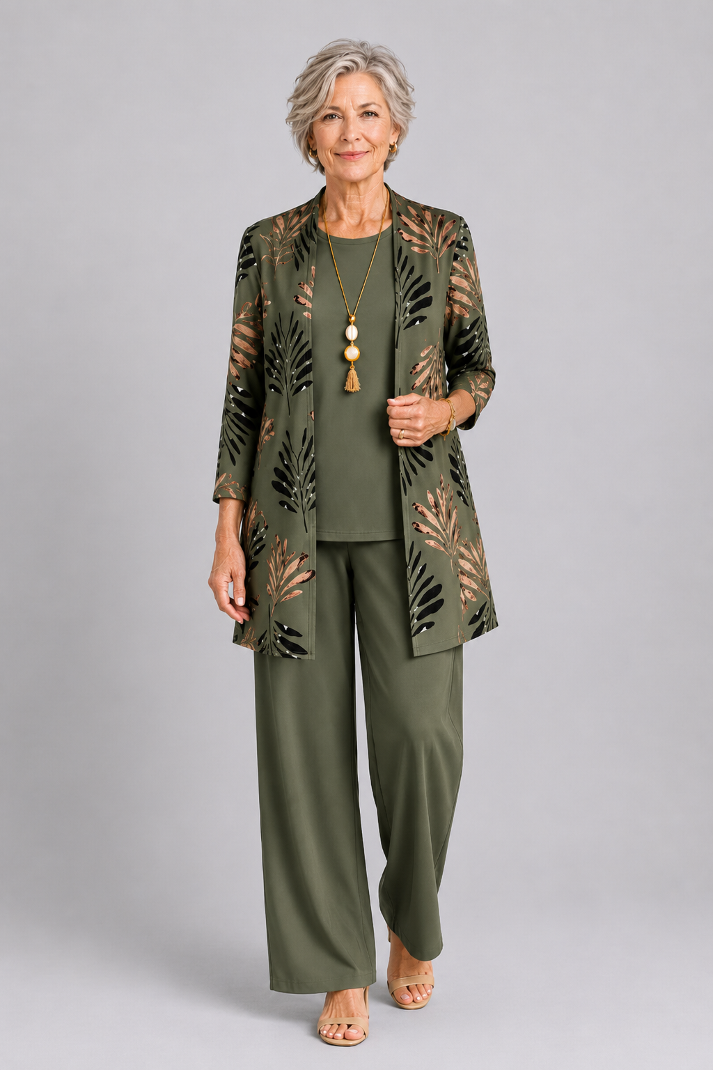 Three-Piece Co-ord Set with Longline Cardigan and Printed Trousers