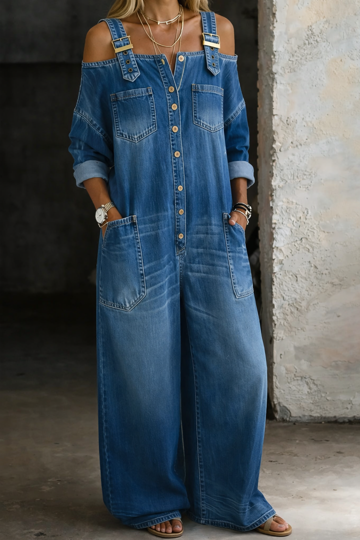 SVEA | Schulterfreier Denim-Jumpsuit