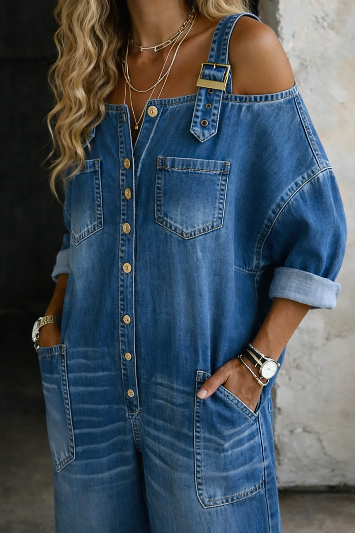 SVEA | Schulterfreier Denim-Jumpsuit
