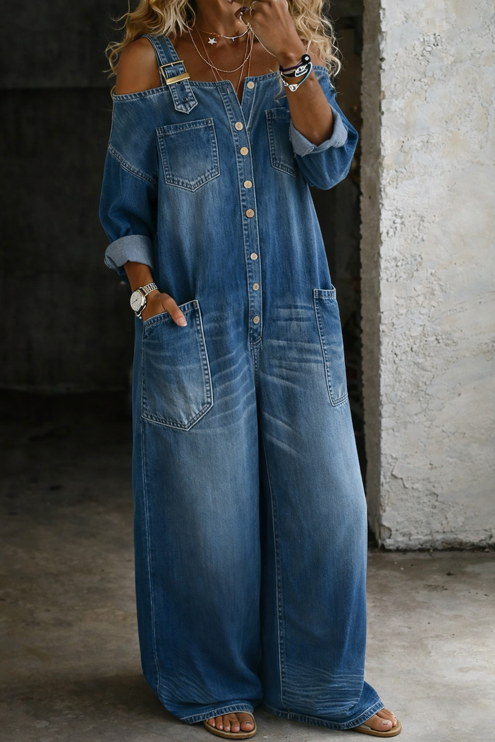 SVEA | Schulterfreier Denim-Jumpsuit