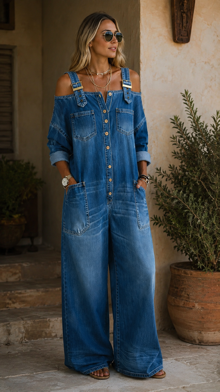 SVEA | Schulterfreier Denim-Jumpsuit