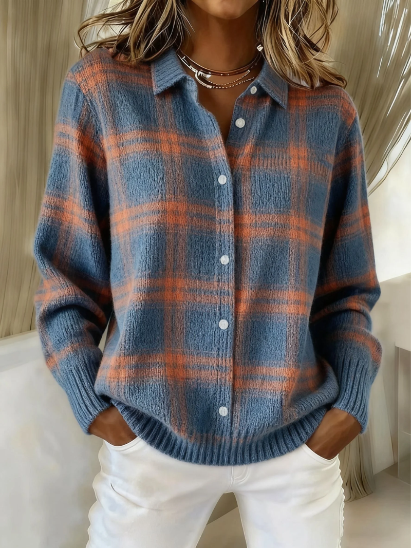 Zafira | Warme blaue karierte Strickjacke