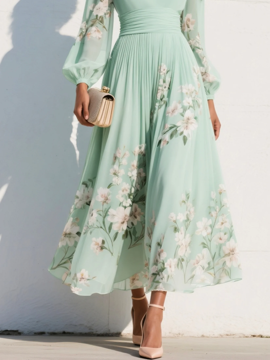 Lucy - Light Green Midi Dress in Chiffon with Floral Pleats