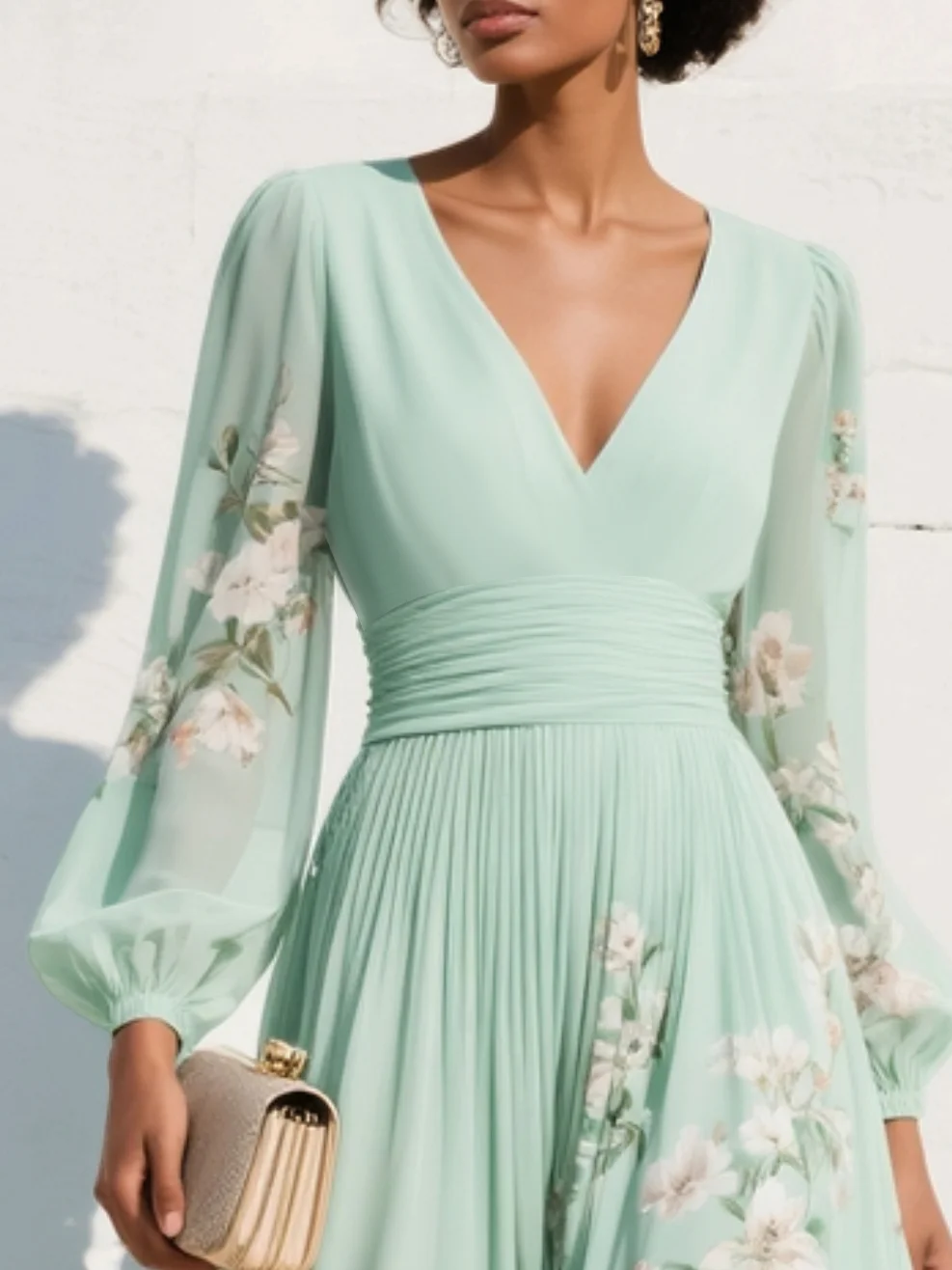 Lucy - Light Green Midi Dress in Chiffon with Floral Pleats