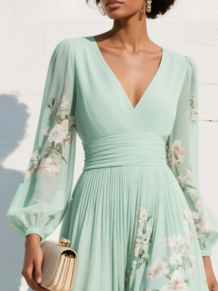 Lucy - Light Green Midi Dress in Chiffon with Floral Pleats