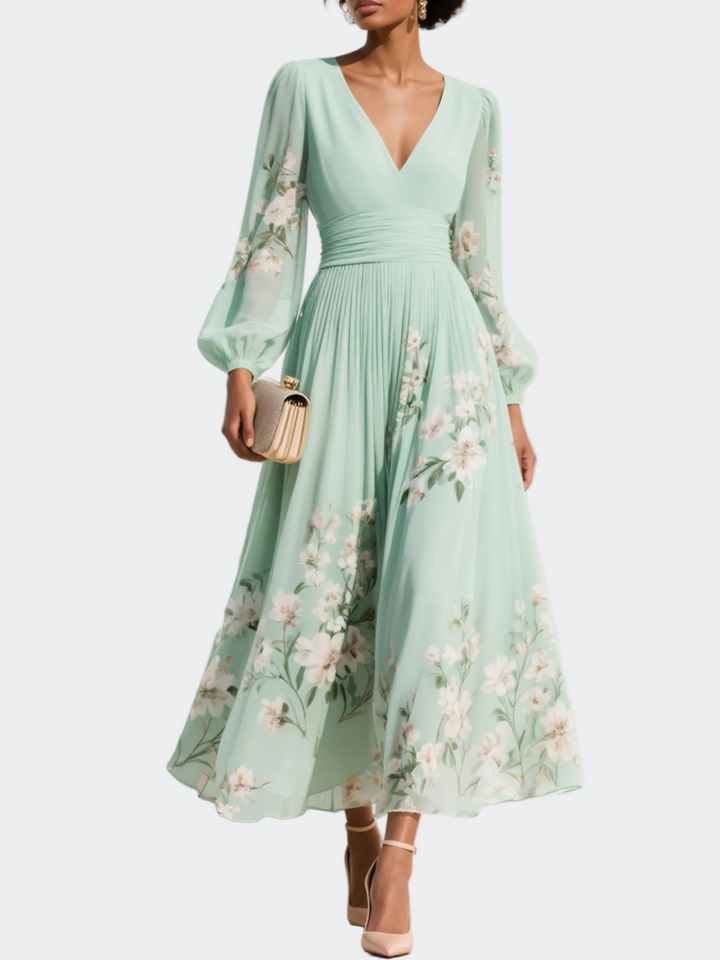 Lucy - Light Green Midi Dress in Chiffon with Floral Pleats