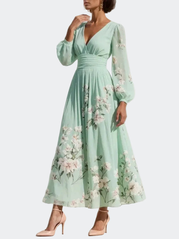 Lucy - Light Green Midi Dress in Chiffon with Floral Pleats