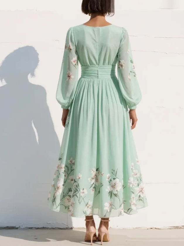 Lucy - Light Green Midi Dress in Chiffon with Floral Pleats