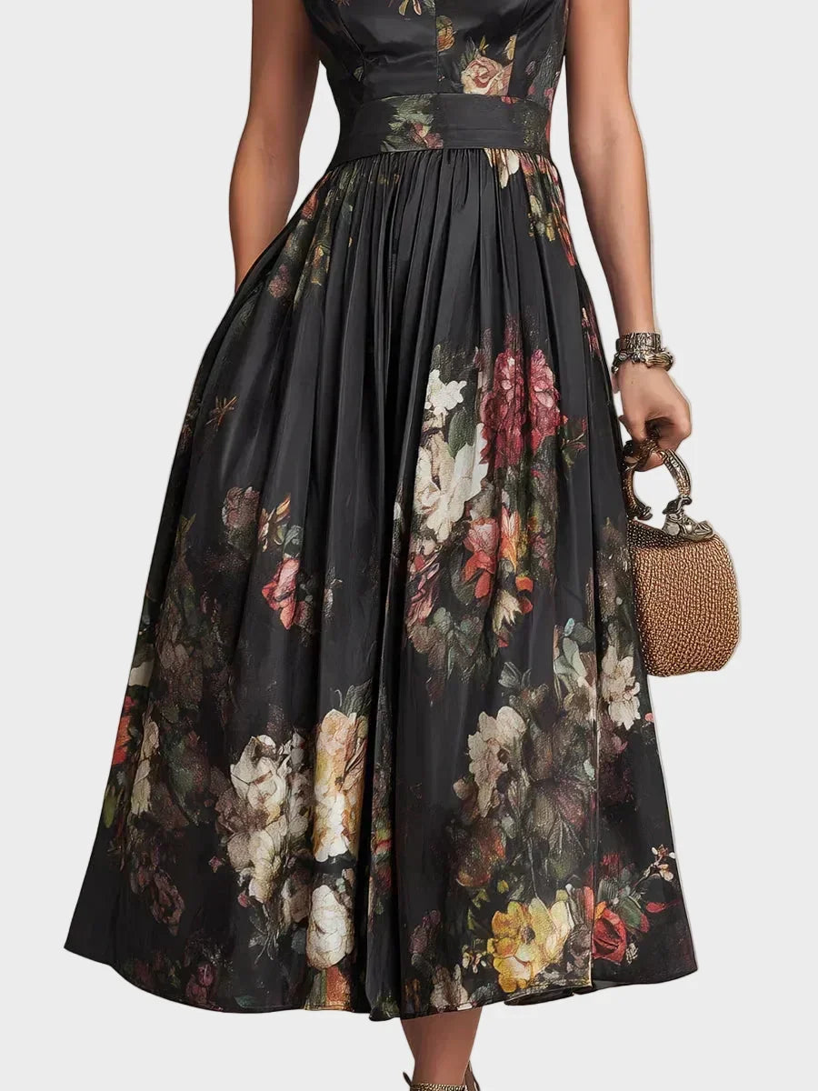Elsa - Midi Dress with Pleats in Floral Pattern