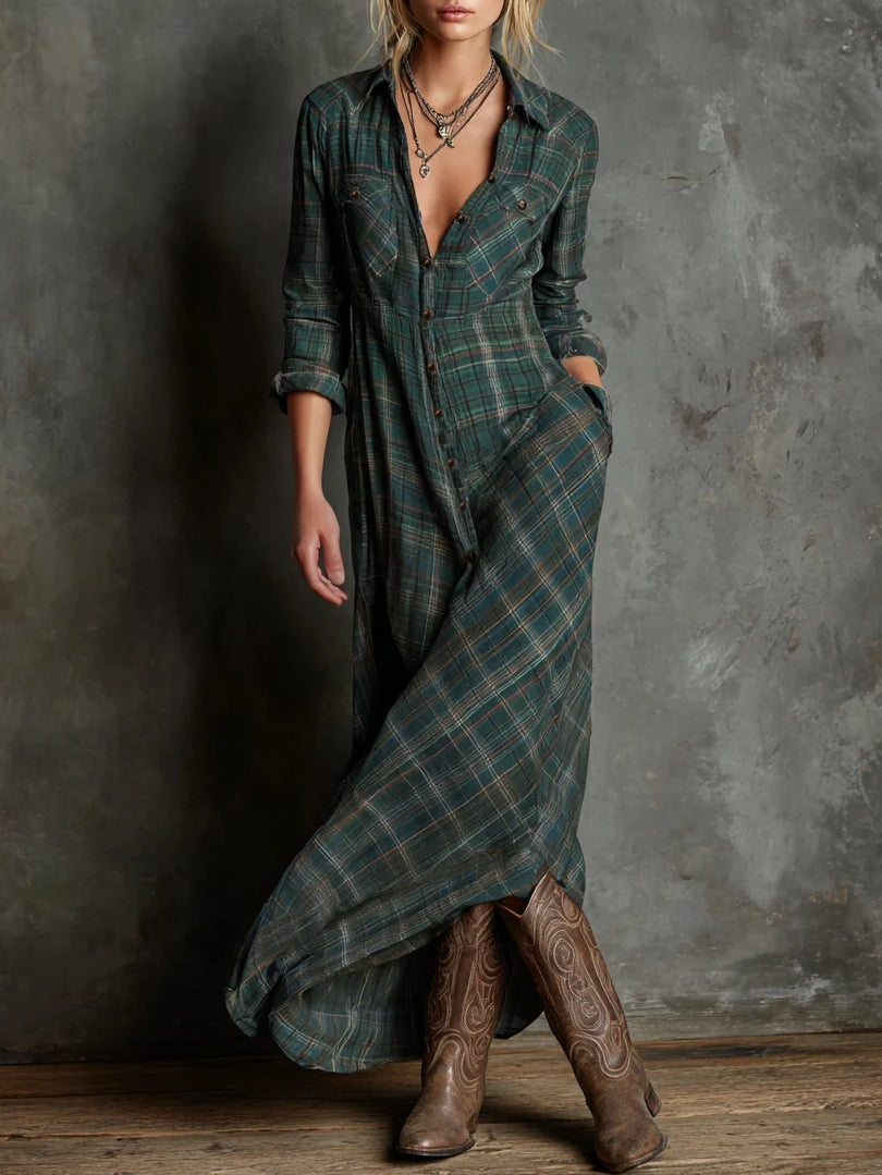 SVEA | Langes Kleid mit Grünem Karomuster