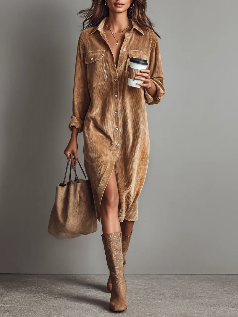 SVEA | Elegantes Midikleid aus weichem Cord mit Brusttaschen