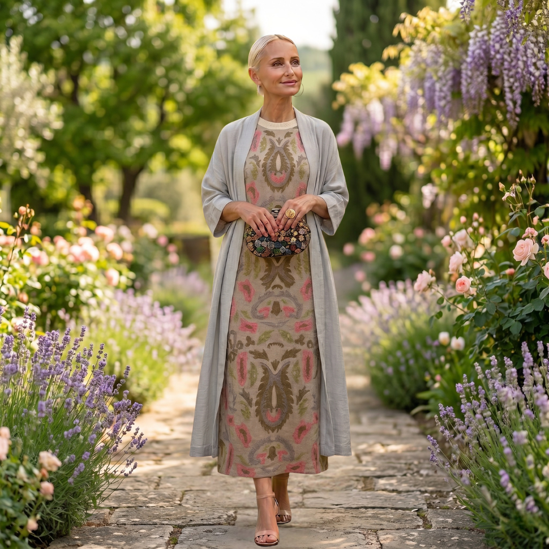 Daniela - Long floral dress with a fitted waistcoat