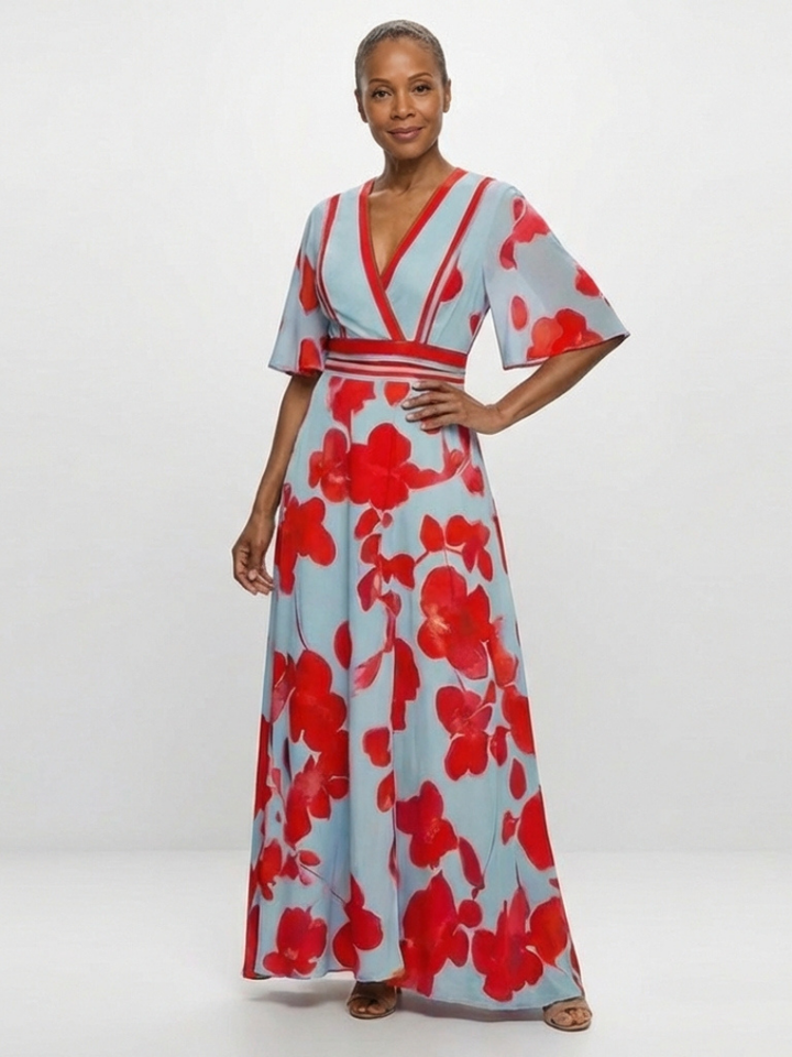 Corinne - V Neck Short Sleeve Floral Maxi Dress