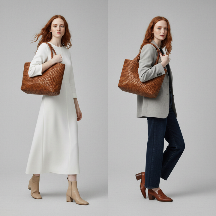 Jane | Woven Shoulder Tote in Microfiber Leather