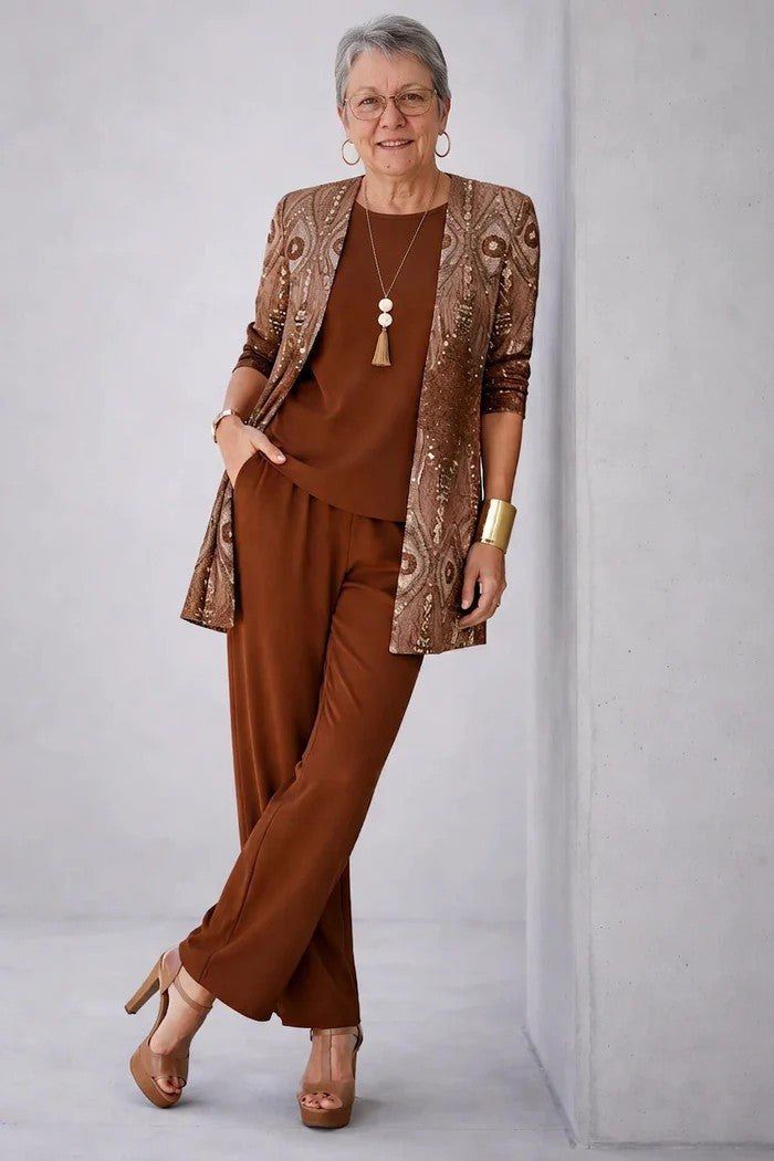 Longline Cardigan Set with Inner Top and Printed Trousers