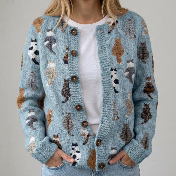 Flora - Cozy cardigan in cat patterns
