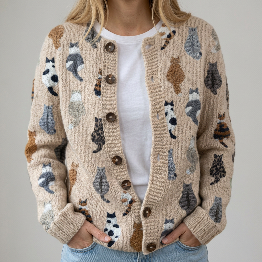 Flora - Cozy cardigan in cat patterns