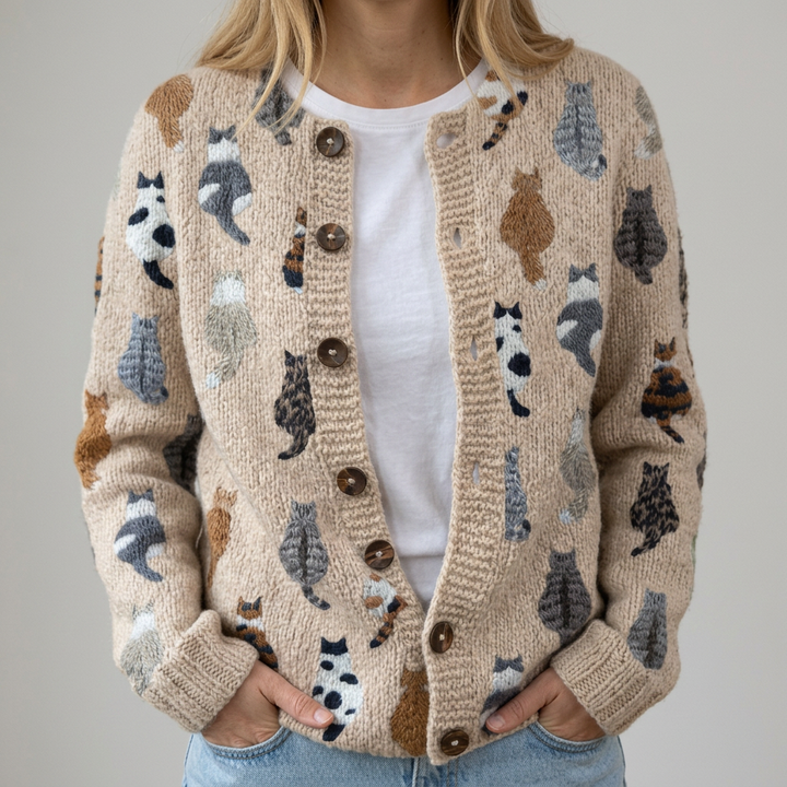Flora - Cozy cardigan in cat patterns