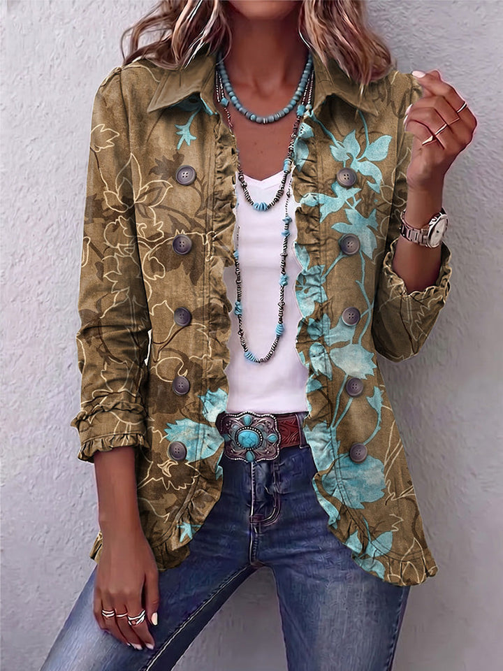 Jutta™ | Olive Blazer with Turquoise Flowers