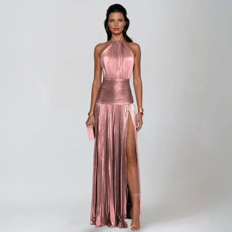 Emily – Metallic Halter Backless Dress