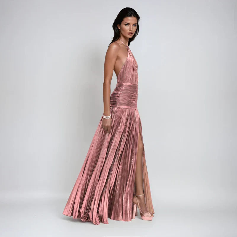 Emily – Metallic Halter Backless Dress