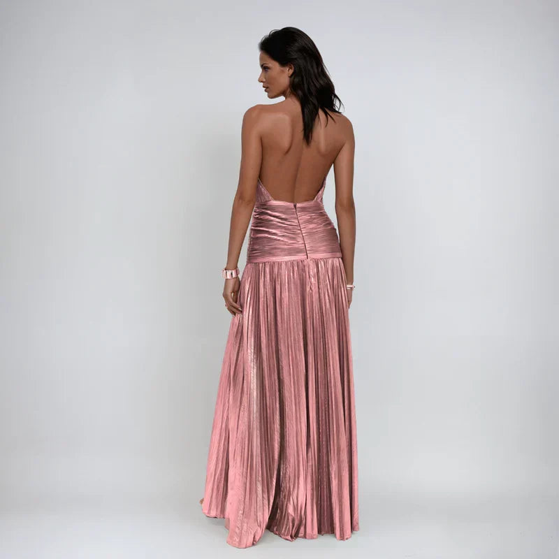 Emily – Metallic Halter Backless Dress