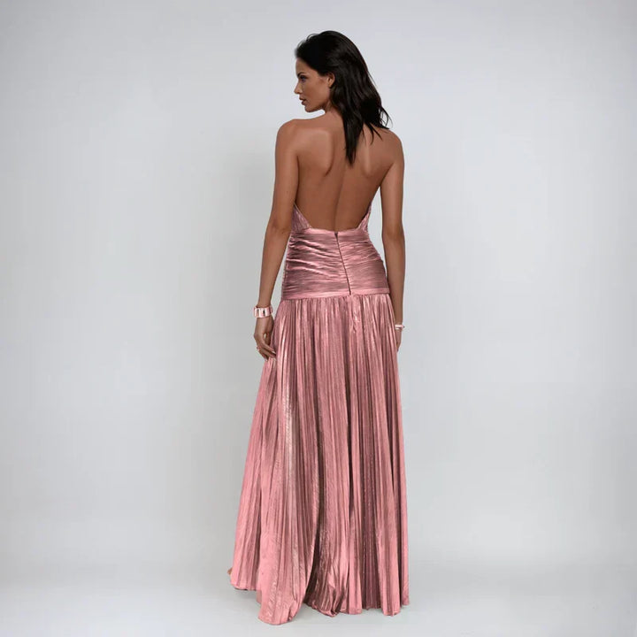 Emily – Metallic Halter Backless Dress