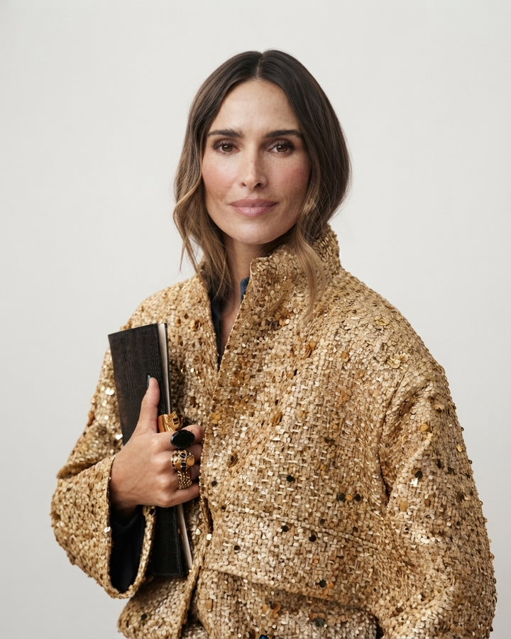 Jane | Sophia Evans Tweed Bomber Jacket with Gold Sequins