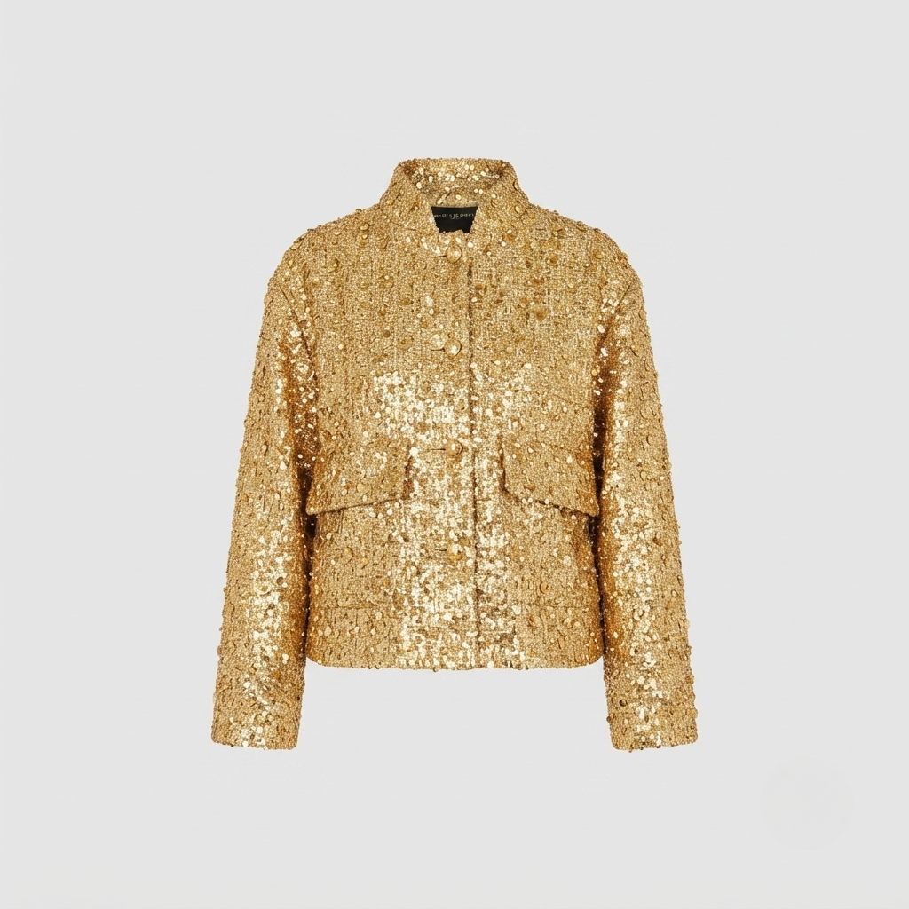 Jane | Sophia Evans Tweed Bomber Jacket with Gold Sequins