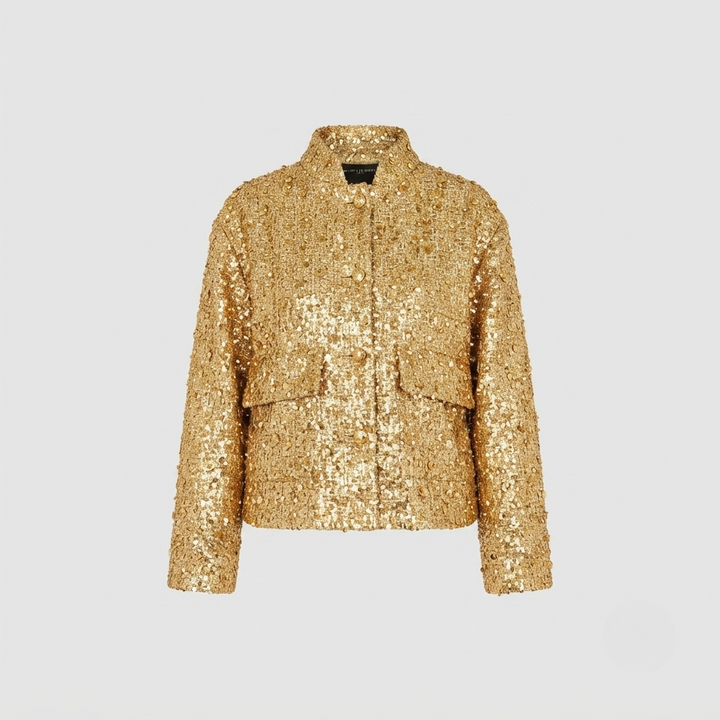 Jane | Sophia Evans Tweed Bomber Jacket with Gold Sequins