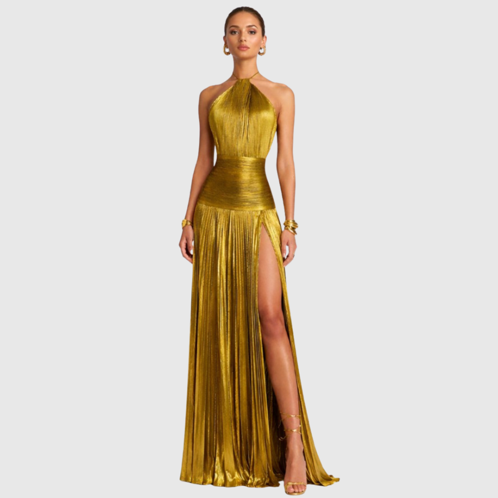 Emily – Metallic Halter Backless Dress